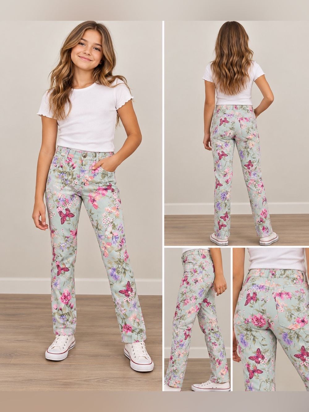 Girls Size 14 Floral Butterfly Print Pants Mint Green Pink Purple